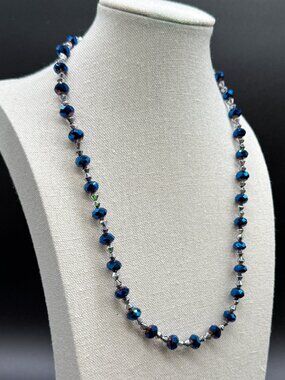Vintage Beaded Necklace Glass Faceted Blue Beads 16 in +